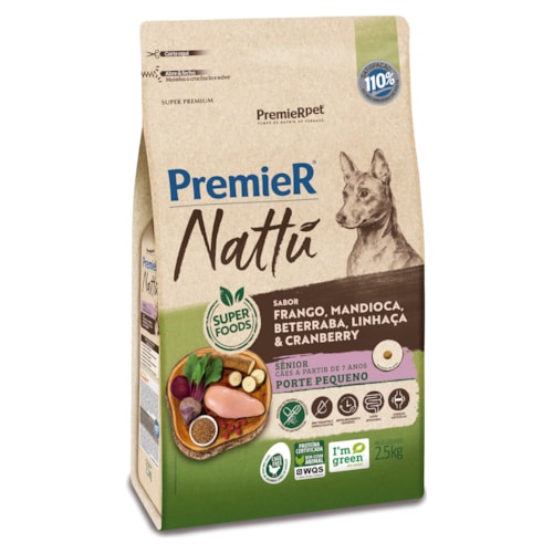 Ração Premier Nattu Cães Sênior Porte Pequeno Mandioca 2,5 kg