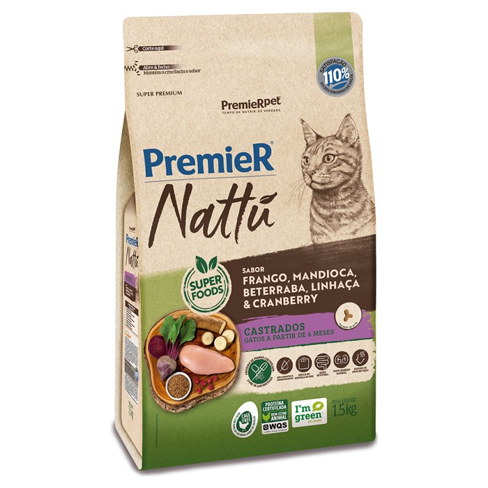 Ração Premier Nattu Gatos Castrados Mandioca 1,5 kg