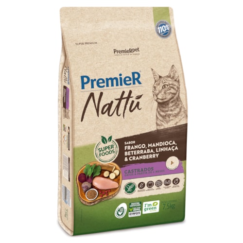 Ração Premier Nattu Gatos Castrados Mandioca 7,5 kg