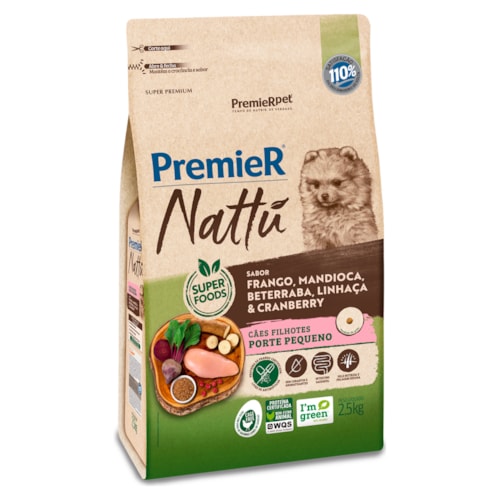 Ração Premier Nattú para Cães Filhotes de Pequeno Porte Sabor Mandioca 2,5kg
