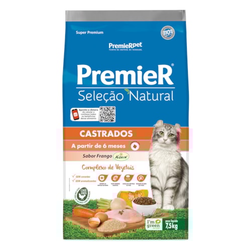 Ração Premier Seleção Natural Gatos Adultos Castrados Frango 7,5 kg