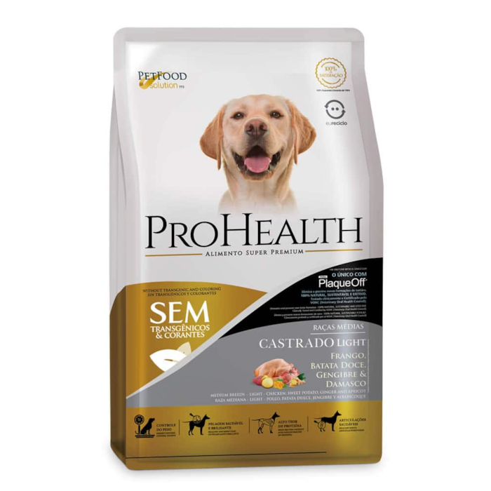 Ração Pro Health para Cães Adultos Raças Médias Light Castrado Sabor Frango, Batata Doce, Gengibre e Damasco 2,5KG