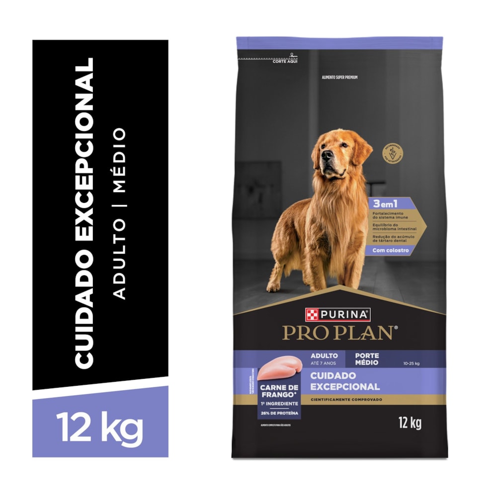 Ração PURINA® PRO PLAN® Cuidado Excepcional para Cães Adultos Porte Médio Frango 12 kg