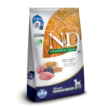 Ração Seca Farmina N&D Ancestral para Cães Adultos de Raças Médias Sabor Cordeiro, Blueberry, Aveia e Cevada 10,1Kg