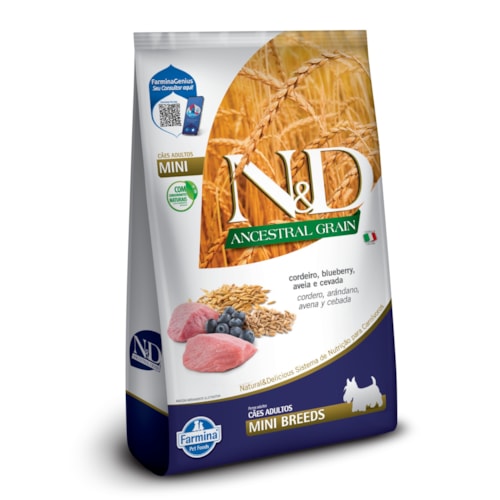 Ração Seca Farmina N&D Ancestral para Cães Adultos de Raças Mini e Pequenas Sabor Cordeiro, Blueberry, Aveia e Cevada 800g