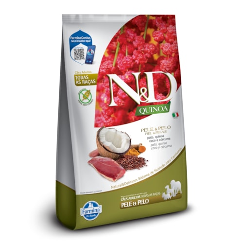 Ração Seca Farmina N&D Quinoa Pele e Pelo para Cães Adultos de Todas as Raças Sabor Pato, Quinoa, Coco e Cúrcuma 10,1Kg