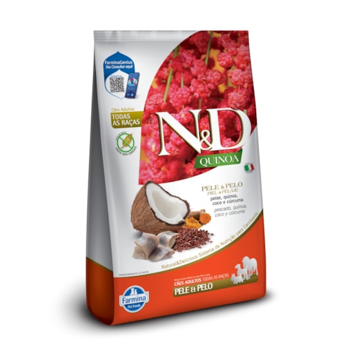 Ração Seca Farmina N&D Quinoa Pele e Pelo para Cães Adultos de Todas as Raças Sabor Peixe, Quinoa, Coco e Cúrcuma 10,1Kg