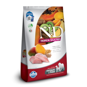 Ração Seca Farmina N&D Tropical para Cães Adultos de Raças Médias e Grandes Sabor Frango, Cereais e Frutas Tropicais 10,1Kg