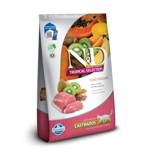 Ração Seca Farmina N&D Tropical para Gatos Adultos Castrados de Todas as Raças Sabor Suíno, Cereais e Frutas Tropicais 1,5Kg