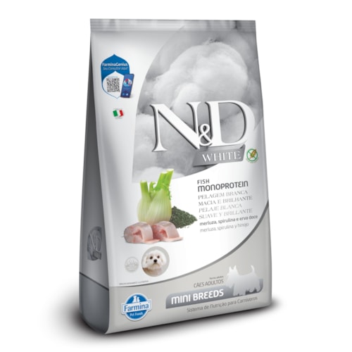 Ração Seca Farmina N&D White para Cães Adultos de Raças Mini e Pequenas Sabor Merluza, Spirulina e Erva Doce 2Kg