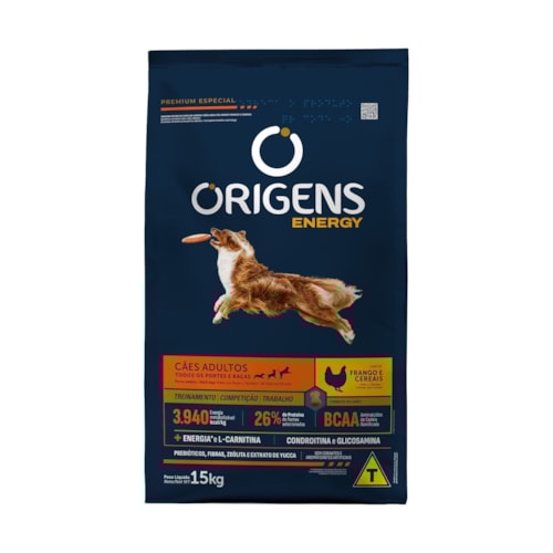 Ração Seca Origens Energy Premium Especial Frango e Cereais para Cães Adultos 15KG