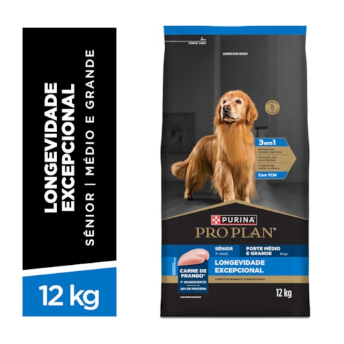 Ração seca PURINA® PRO PLAN® Longevidade Excepcional para Cães Sênior 7+  Raças Médias e Grande Frango 12 kg