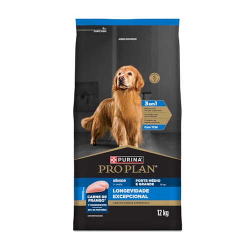 Ração seca PURINA® PRO PLAN® Longevidade Excepcional para Cães Sênior 7+  Raças Médias e Grande Frango 12 kg - imagem adicional