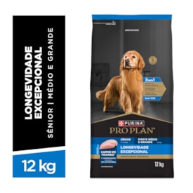 Ração seca PURINA® PRO PLAN® Longevidade Excepcional para Cães Sênior 7+  Raças Médias e Grande Frango 12 kg