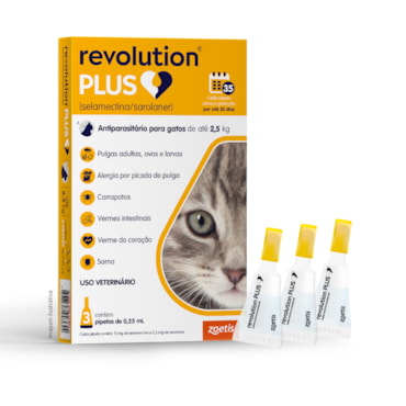Revolution Plus® – Antiparasitário Tópico para Gatos de 1,25 a 2,5kg 0,25ml 3 Pipetas