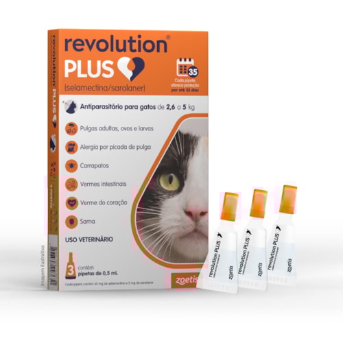 Revolution Plus® – Antiparasitário Tópico para Gatos de 2,6 a 5kg 0,50ml 3 Pipetas