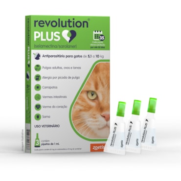 Revolution Plus® – Antiparasitário Tópico para Gatos de 5,1 a 10kg 1ml 3 Pipetas
