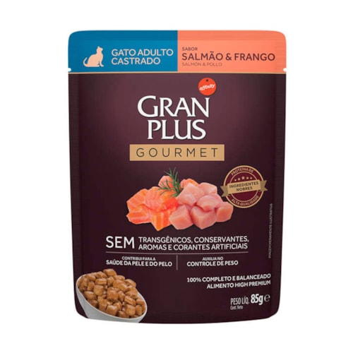 Sachê Gran Plus Gourmet para Gatos Adultos Castrados Sabor Salmão e Frango 85g