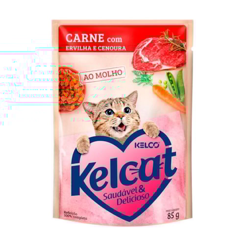 Sachê Kelcat para Gatos Adultos Sabor Carne com Ervilha e Cenoura 85g