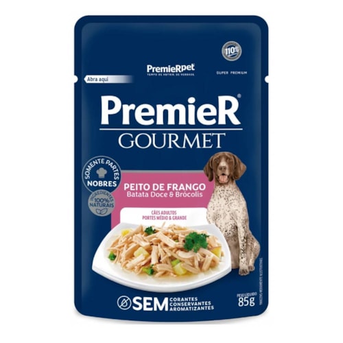 Sachê Premier Gourmet Cães Adultos Portes Médio e Grande Sabor Peito de Frango 85g
