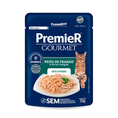 Sachê Premier Gourmet para Gatos Castrados Sabor Frango e Arroz Integral 70g
