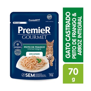 Sachê Premier Gourmet para Gatos Castrados Sabor Frango e Arroz Integral 70g