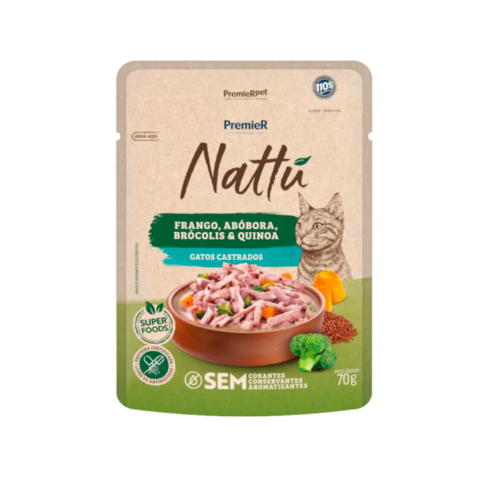 Sachê Premier Nattu para Gatos Castrados Sabor Frango e Abóbora 70g