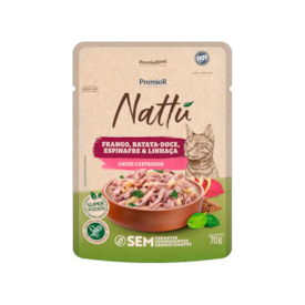 Sachê Premier Nattu para Gatos Castrados Sabor Frango e Batata Doce 70g