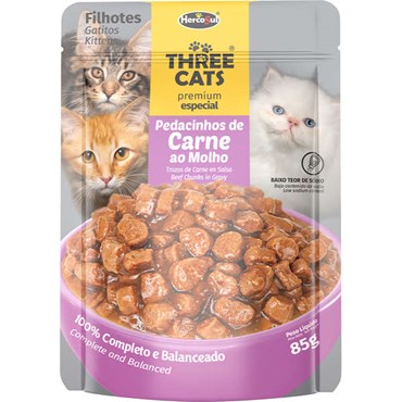 Sachê Three Cats Premium Especial Sabor Iscas de Frango para Gatos Filhotes 85g
