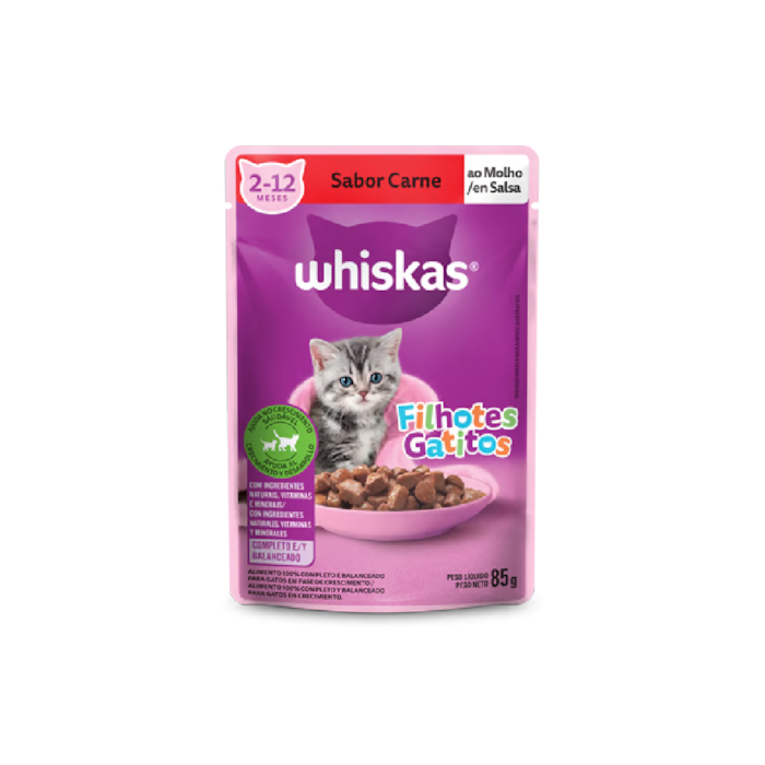 Sachê Whiskas para Gatos Filhotes de 2 a 12 Meses Sabor Carne ao Molho 85g