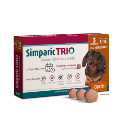 Simparic TRIO® Antiparasitário Palatável 12mg para Cães de 5,1 a 10kg 3 Comprimidos