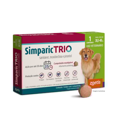 Simparic TRIO® Antiparasitário Palatável 48mg para Cães de 20,1 a 40kg 1 Comprimido