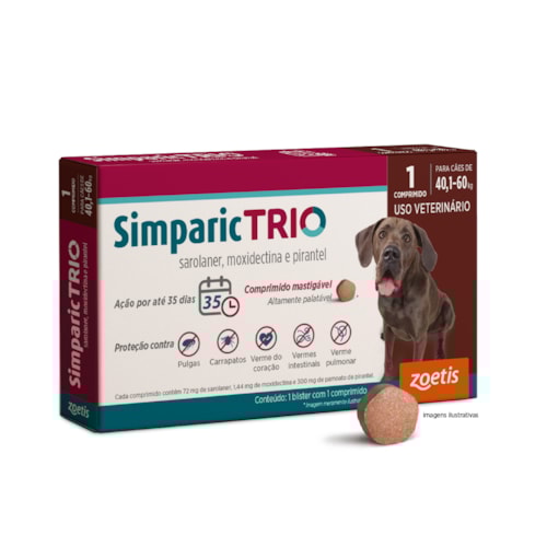 Simparic TRIO® Antiparasitário Palatável 72mg para Cães de 40,1 a 60kg 1 Comprimido