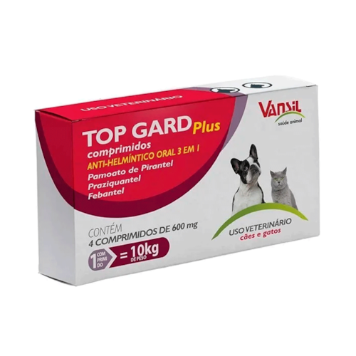 Top Gard Plus Vermífugo 600 mg com 4 comprimidos para Cães e Gatos